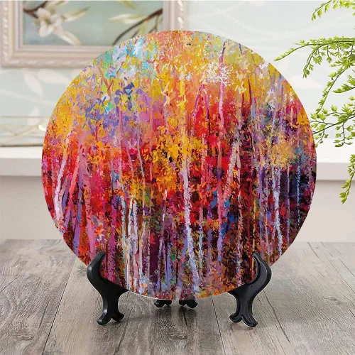 Vista 2 de Platos de cerámica, platos de cerámica decorativos de la naturaleza, pintura vibrante de la naturaleza con árboles en el bosque de otoño, platos