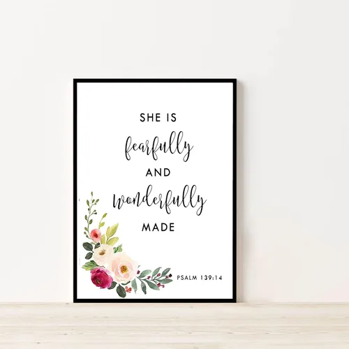 Vista 2 de RCVTVPV Psalm 139 14 - Arte de pared con texto en inglés "She Is Fearfully And Wonderfully Made Christian Quote Print", arte de pared para oficina