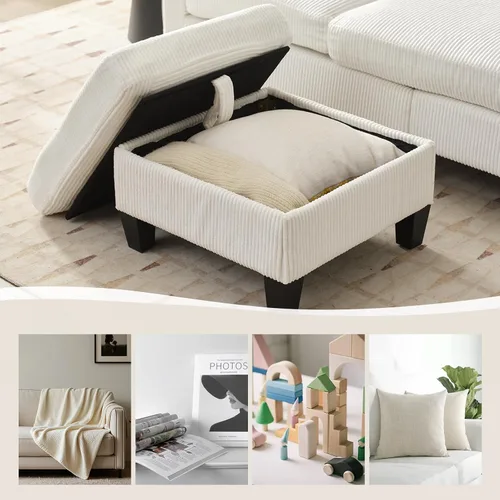 Vista 3 de Mjkone Juego de 3 piezas de sofá sectioanl de pana con otomana de almacenamiento, sofás convertibles con bolsillos laterales, sofá en forma de L +