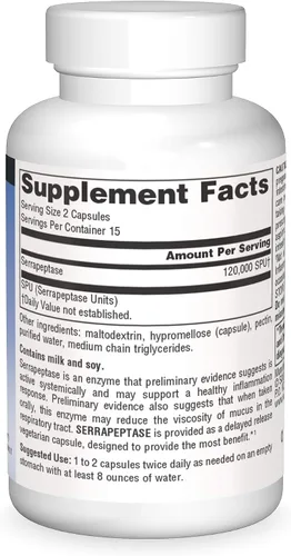 Vista 3 de Source Naturals Serrapeptasa, Enzima Vegetariana Sistémica de Todo el Cuerpo y Liberación Retrasada* 30 Cápsulas