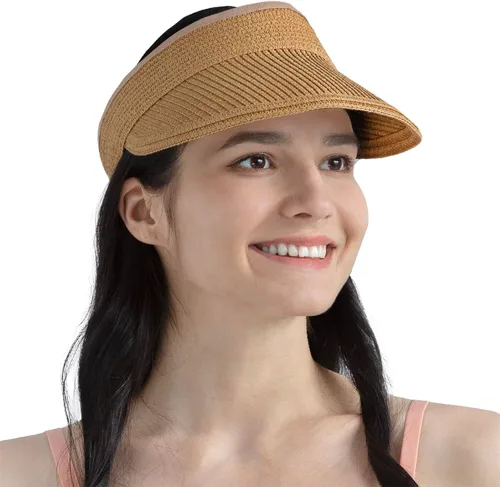 Vista 12 de SUN CUBE Sombrero de visera para mujer, sombrero de playa de ala ancha, paja con protección UV, gorra plegable plegable, visera de verano para cola