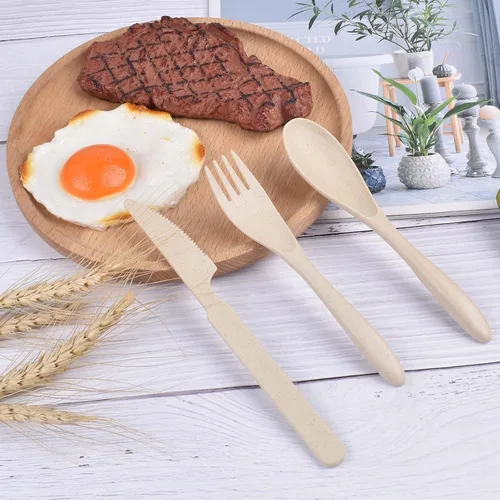 Vista 4 de Zoyiancy - Juego de cubiertos de paja de trigo, 21 piezas, color beige reutilizable Wheat Straw, Unbreakable Lightweight, Rounded Fork Edge, Deep
