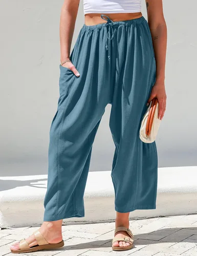 Vista 2 de TARSE Pantalones de lino de pierna ancha para mujer, casuales, holgados, con cordón, cintura baja, para playa, palazzo, pantalones harén