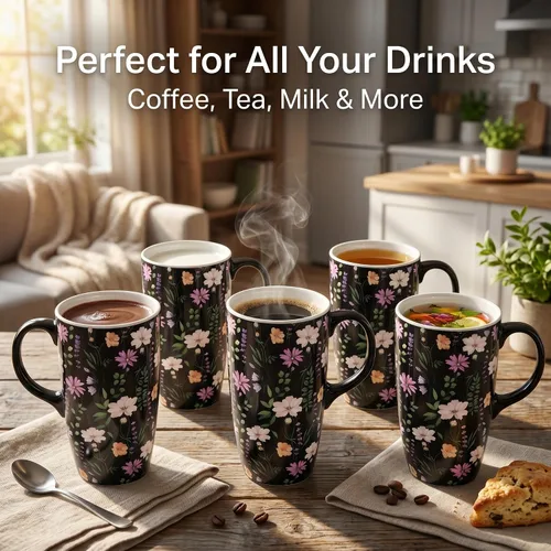 Vista 5 de Taza de café de cerámica de 17 onzas con tapa y asa, taza de viaje floral púrpura, apta para microondas y lavavajillas, taza de café grande con caja