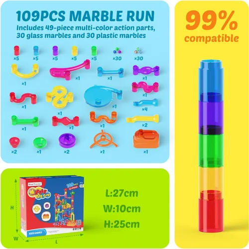 Vista 7 de MaxTronic Kit de carrera de canicas para niños, kit de laberinto de mármol mejorado de 0.630 in, canicas de 109 piezas, bloques de construcción