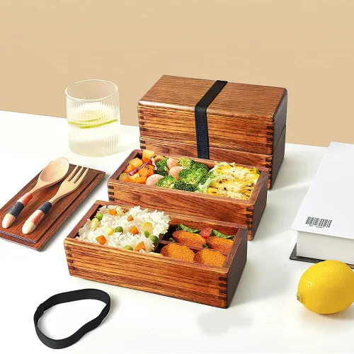 Vista 5 de AOOSY Caja Bento de madera, loncheras, contenedores de almuerzo de madera cuadrados naturales tradicionales japoneses para mujeres y hombres adultos