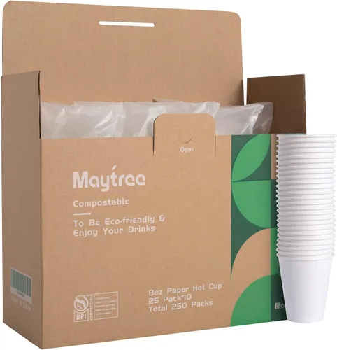 Vista 3 de MayTree Vasos de papel compostables y biodegradables de 8 onzas para agua caliente, soporte para té, para llevar y taza de café fría, paquete de 250