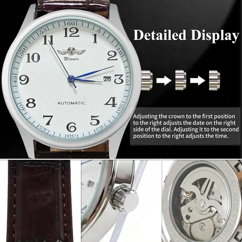 Vista 6 de Gute Reloj para hombre, esqueleto mecánico, steampunk, automático, automático, números arábigos, manos azules, marrón, cuero sintético, reloj