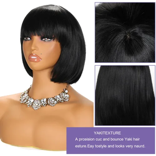 Vista 3 de YYHR Peluca corta estilo Bob con flequillo de 10 pulgadas, pelucas de cabello sintético lacio Yaki claro, pelucas cortas de corte Bob negro con 1b