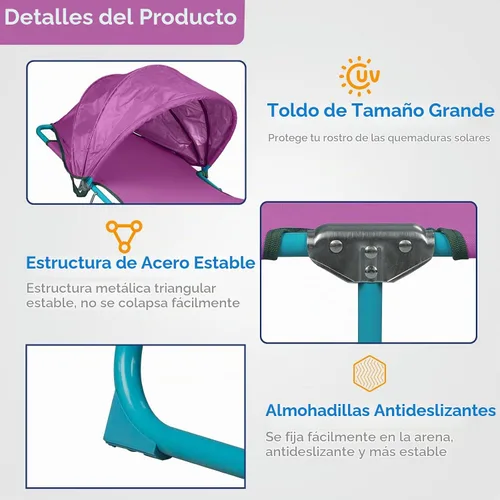 Vista 4 de Northroad Paquete de 2 sillas de playa con toldo, silla bronceadora plegable ajustable de 4 posiciones, tumbona resistente para exteriores