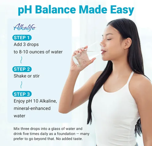 Vista 5 de Alkalife Gotas potenciadoras de pH, 1 paquete, convierte cualquier agua potable en agua alcalina pH 10, 360 porciones por botella, la fórmula