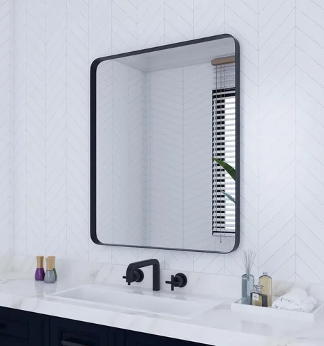 Vista 12 de VocalStar - Espejo de baño con marco de metal negro para pared, espejo de tocador de baño redondo rectangular mate de 16 x 24 pulgadas con marco
