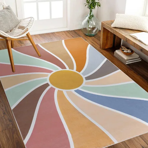 Vista 10 de Topotdor Alfombra redonda con diseño de arco iris, colorida alfombra bohemia para niños, ultra suave, lavable, para habitación de bebé, dormitorio