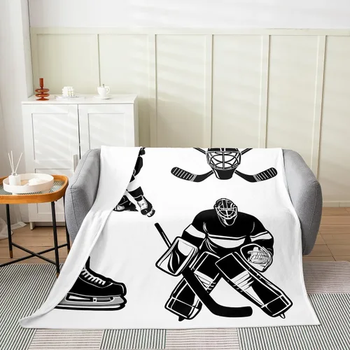 Vista 2 de Manta de hockey sobre hielo para niños, niños, adolescentes - Manta de jugador en blanco y negro de 40x50 pulgadas, silueta de juego de deportes