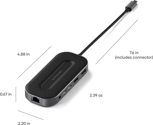Vista 7 de Satechi Adaptador multipuerto USB C, USB4 6 en 1 con HDMI 8K, carga USB C PD de 100 W, 2 puertos USBC y 1 puerto de datos USB-A, Ethernet, conector