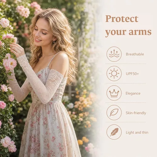 Vista 7 de SUPVOX Mangas elásticas de encaje transpirable para mujer, manga de protección solar con codera, ligera, patrón floral, mangas de protección solar