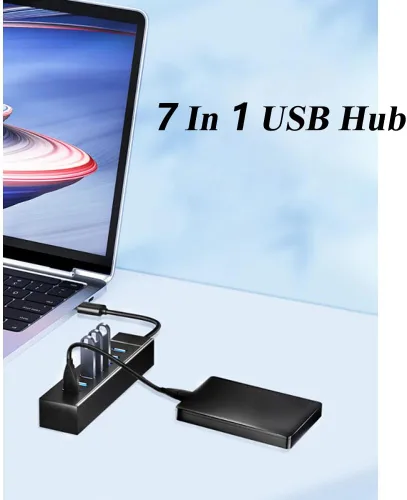 Vista 6 de Paquete de 2 concentradores USB de 7 puertos, adaptador USB de múltiples puertos con luz indicadora, estación de acoplamiento de transmisión
