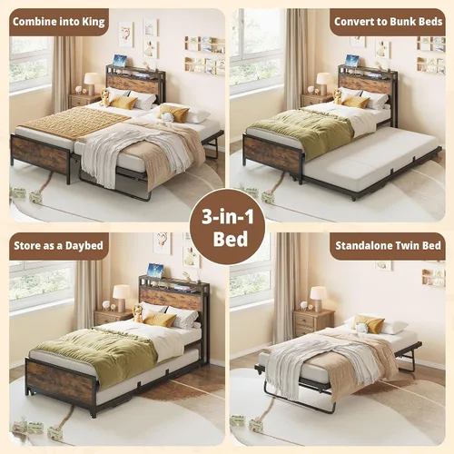 Vista 3 de IRONCK - Sofá cama doble con cama nido, cabecera de almacenamiento y estación de carga Sturdy Metal Twin Bed Frame, Space-Saving Pop Up Trundle