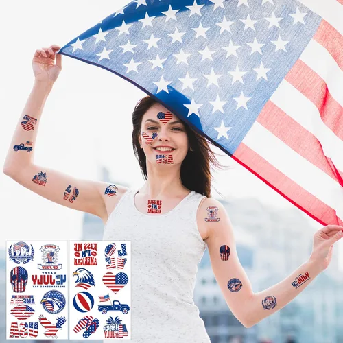 Vista 4 de Trajes para mujer del 4 de julio, paquete de 120 tatuajes patrióticos de bandera de Estados Unidos, color rojo, blanco y azul, suministros