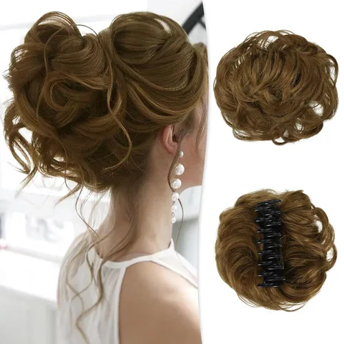 Vista 24 de RUWISS Extensiones de cabello humano real, ondulado y rizado, moño despeinado, cola de caballo para mujer (12H24# castaño rojo/rubio mediano)