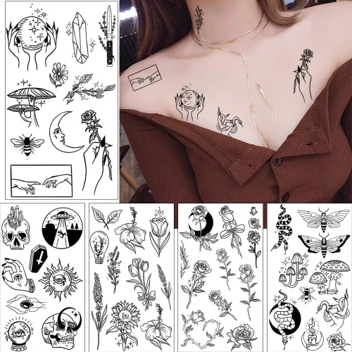 Vista 2 de GLARYYEARS Más de 150 tatuajes temporales negros pequeños, tatuajes de manos y rostros, para hombres y mujeres, diseño de serpiente, diseño
