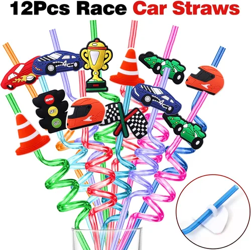 Vista 2 de 98 piezas de regalos de fiesta de coche de carreras suministros de cumpleaños de carreras de paja burbuja banda adhesiva de juguete de carreras