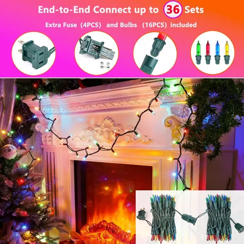 Vista 7 de Joomer - Luces LED de Navidad, 2 paquetes, total 39 pies, 200 LED, luces de árbol de Navidad multicolor, luces de cuerda mini enchufables