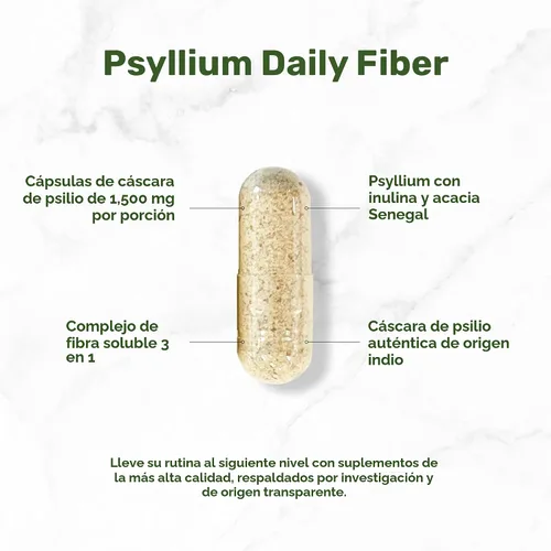 Vista 3 de Cáscara de psyllium 1500mg por porción, 300 cápsulas – Suplemento de fibra 3 en 1 con complejo de inulina y acacia – Fibra soluble natural, apoya