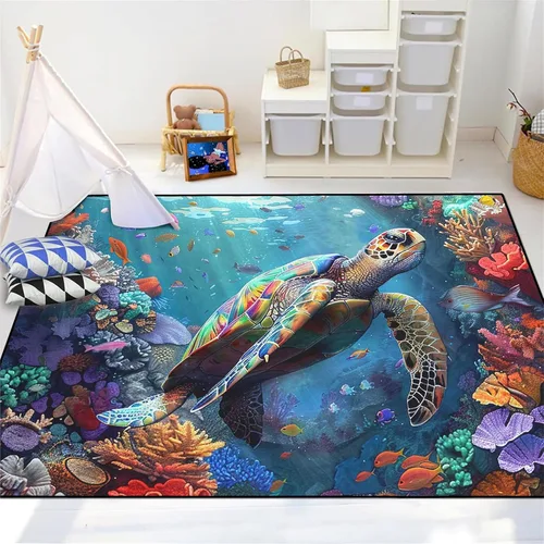Vista 16 de Alfombra de tortuga marina con estampado de animales marinos y animales marinos, alfombra con estampado de tortugas marinas, para niños y niñas