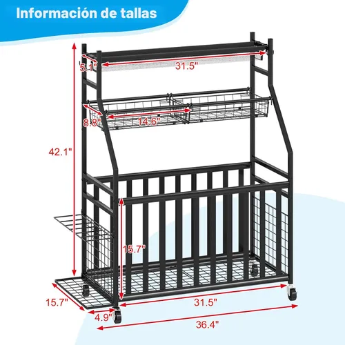 Vista 7 de Jsskeeim - Organizador de equipo deportivo para garaje, organizador de pelotas deportivas con ruedas, bolsillo de malla, canasta, organizador