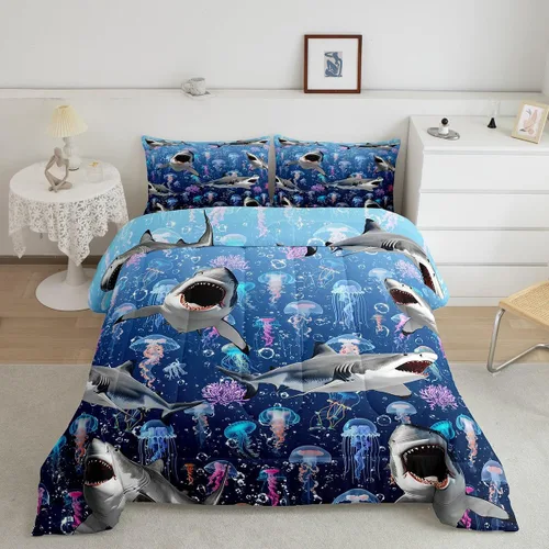 Vista 33 de Erosebridal Blue Ocean - Juego de edredón tamaño individual Juego de ropa de cama de ballena delfín y tortuga marina para niños y niñas, juego