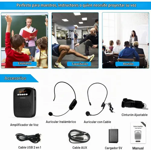 Vista 9 de Amplificador de voz portátil, auriculares inalámbricos y con cable, micrófono con altavoz, mini micrófono personal ligero para profesores
