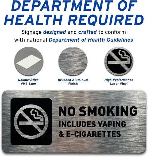 Vista 5 de Letrero de no fumar – Señales de no fumar no vapeo para negocios – Incluye tiras adhesivas para una fácil instalación – Cartel de metal cepillado
