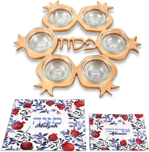 Vista 11 de Impresionante juego de seder de Pascua de granada – Plato artístico de seder con forma de granada y 6 platos de vidrio, cubierta de matzo de seda