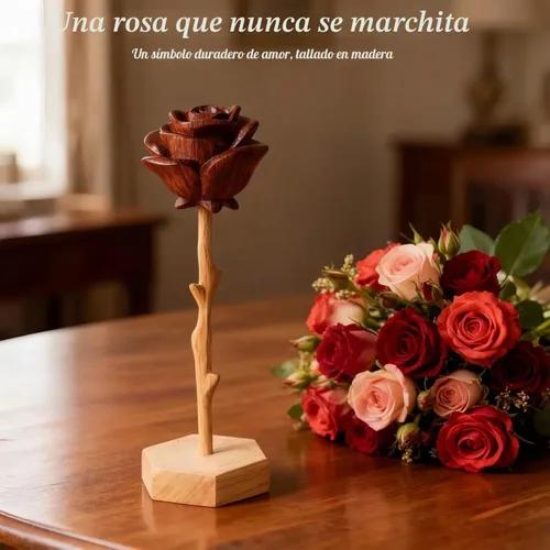 Vista 4 de Rosa de madera tallada a mano, flor eterna hecha a mano Marrón-rosa