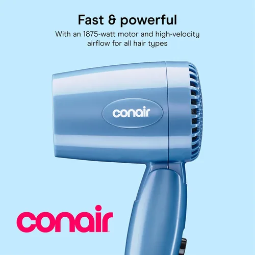 Vista 2 de Conair Secadora plegable, secadora plegable, azul, paquete de de 1, Azul Secador compacto de viaje de 1600 W con mango plegable y doble voltaje