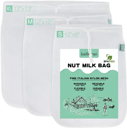 Vista 7 de Bolsa de leche de nuez reutilizable, paquete de 3 bolsas de colador de alimentos para leche de almendra/soja, yogur griego profesional
