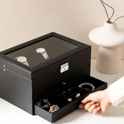 Vista 4 de Oyydecor Joyero caja de reloj de piel sintética organizador de almacenamiento de madera para almacenamiento y exhibición regalos de negocios