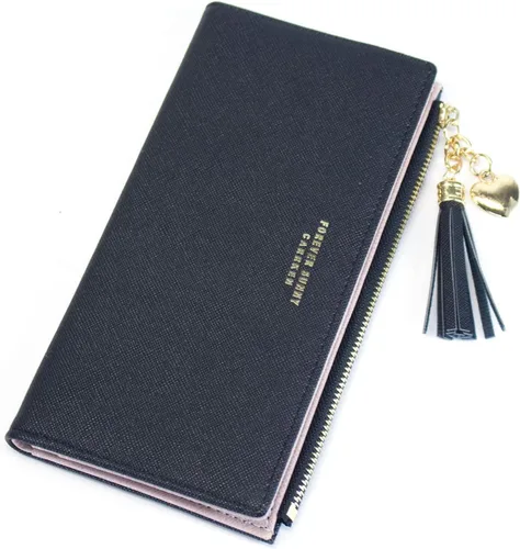 Vista 2 de Cartera delgada para mujer, bolso de mano, tarjetero con borla, bolsillo con cremallera Negro
