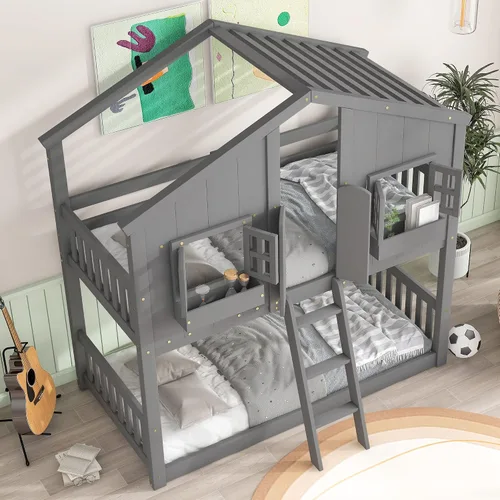 Vista 4 de DEINPPA Litera individual sobre individual con techo, cama de madera con ventanas y caja de ventana, cama de casa de juegos con diseño de puerta