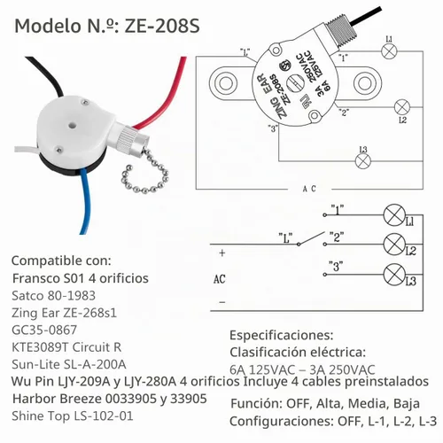 Vista 2 de Zing Ear ZE-208S E89885 - Interruptor de ventilador de 3 velocidades, 4 cables, interruptor de ventilador de techo, interruptor de control de 1
