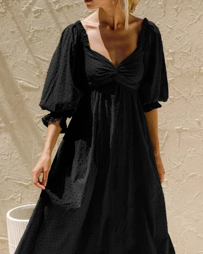 Vista 5 de R.Vivimos Vestido de verano bohemio de algodón con mangas abombadas y lunares suizos con cordones fruncidos, casual, acampanado, vestido por debajo