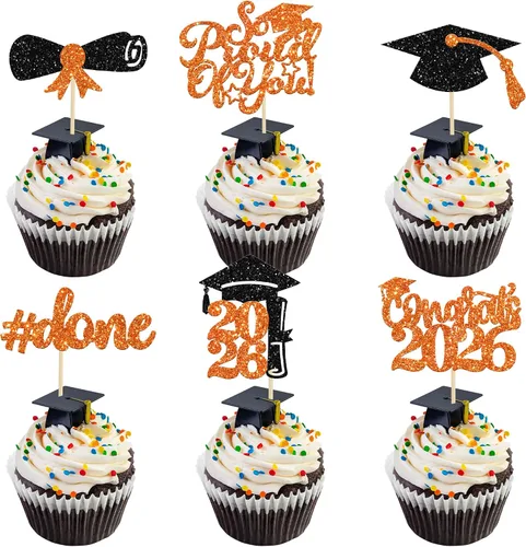 Vista 10 de Gyufise 24 piezas Adornos para pastel de graduación 2026 con purpurina negra, clase de 2026, adornos para magdalenas con gorra de graduación