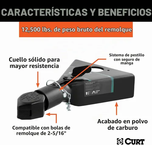 Vista 3 de CURT 25227 Acoplador de remolque negro con marco A, bola de enganche de 2-5/16 pulgadas, 12,500 libras