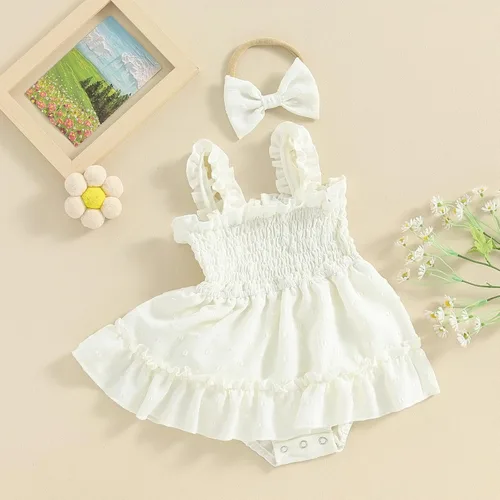 Vista 16 de Mameluco de verano para niña, sin mangas, vintage, con burbujas, vestido de mameluco lindo y diadema