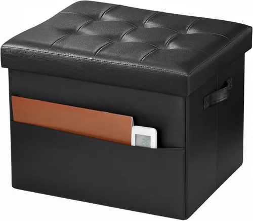 Vista 14 de Bsketa Otomana de Almacenamiento, Taburete Plegable con Asiento Acolchado de Espuma Más Gruesa, Otomana Pequeña de Cuero para Almacenamiento, Banco