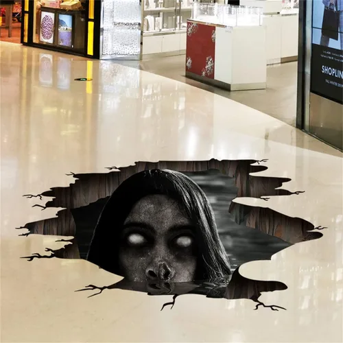 Vista 8 de Calcomanías 3D para techo de piso de Halloween, calcomanías creativas de pared de fantasmas de terror, calcomanías de pared de castillo antiguo