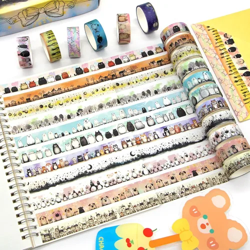 Vista 6 de Lindo juego de cinta washi – 24 rollos de cinta washi decorativa de animales Kawaii para suministros de álbumes de recortes, suministros de diario