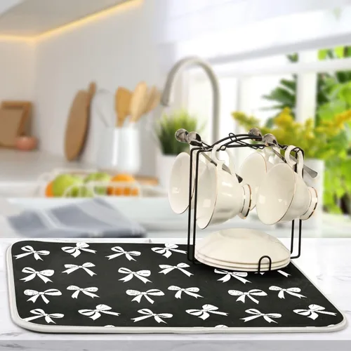 Vista 5 de Tapete de secado de platos Wamika con lazo negro para encimera de cocina 16x18, lazo de moño coqueto, tapete rectangular pequeño de secado