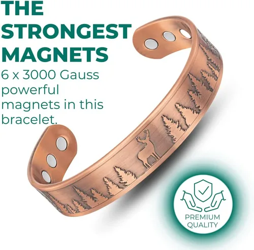 Vista 2 de Willis Judd Pulsera magnética de cobre puro para hombre, diseño de ciervo, vida silvestre de montaña, 8,5 pulgadas, Cobre, No es una piedra preciosa